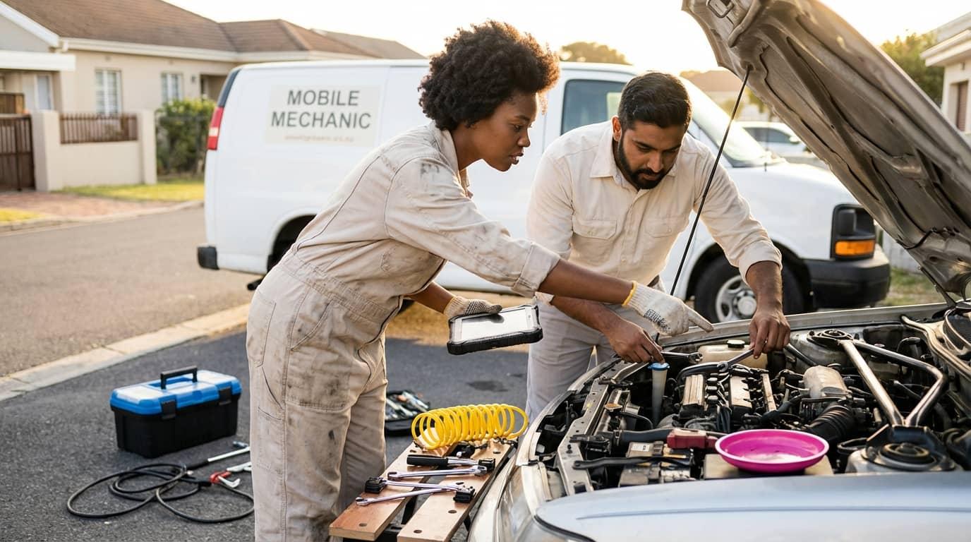 Mobile mechanic working on a vehicle